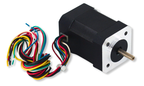 A brushless DC motor with a single shaft and 8 lead wires.